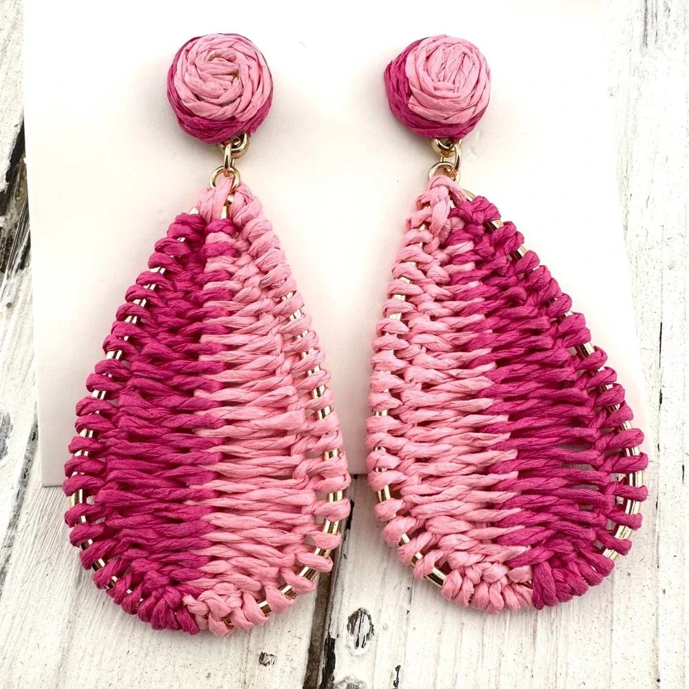 Raffia‎ BraidedTeardrop Earrings Pink Ombre NEW